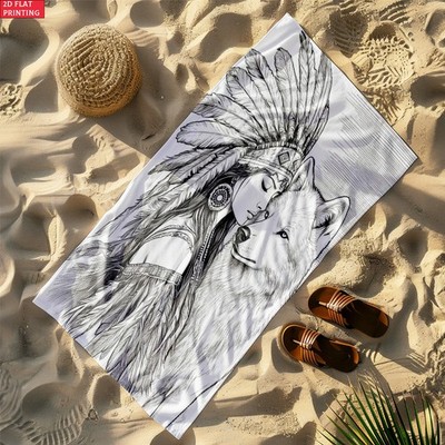 2D Flat One-Piece Towel Featuring Indigenous Women And Wolves - Made from Soft