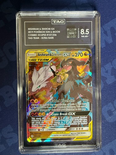 2019 POKEMON COSMIC ECLIPSE 157 RESHIRAM & ZEKROM GX 157/236 PSA TAG 8 9 8.5 - Picture 1 of 4