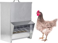 Galvanized Chicken Trough Feeder, Weatherproof Poultry Food Dispenser with Lid