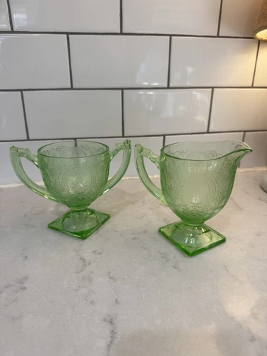 Vintage Green Vaseline Depression Creamer & Sugar #612 Indiana Horseshoe Footed