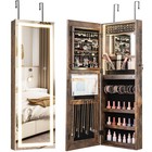 LED Mirror Jewelry Cabinet Wall/Door Mounted Organizer Armoire w/ 3 Color Light