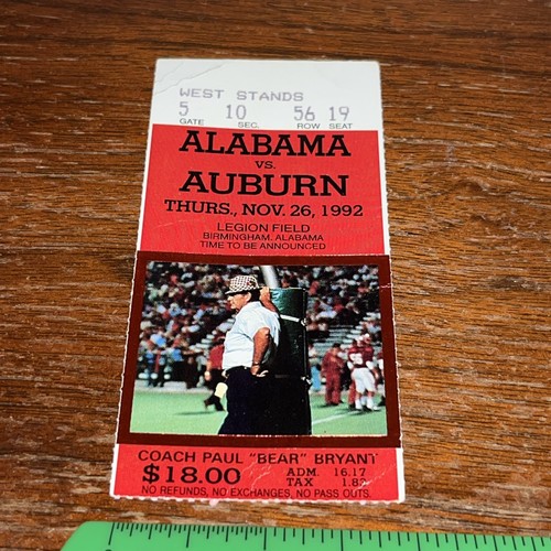 1992 Auburn Vs Alabama Football Ticket Stub 11/26/1992 Legion Field - Fair Shape - Picture 7 of 12