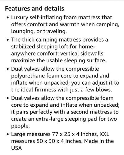 Almohadilla para dormir Therm-a-Rest Luxury Map Lg, 25" X 77" nueva en caja autoinflable precio de venta sugerido por el fabricante 250 USD - Imagen 12 de 12