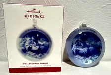 HALLMARK KEEPSAKE 2013 NATIVITY, ALL BEGAN IN A MANGER GLASS CHRISTMAS ORNAMENT