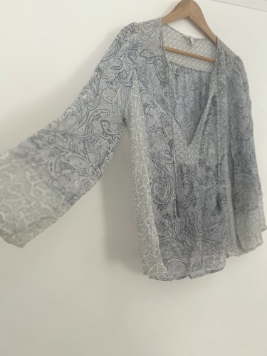 Joie 100% Silk Blue Paisley Print Semi Sheer Smock Top / Tunic Blouse Sz M 12-14 - Picture 5 of 17