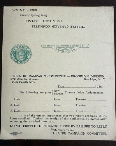 1936 Federal Theater Project Brooklyn NY Postal Cards Stamp New Deal Depression - Picture 7 of 7