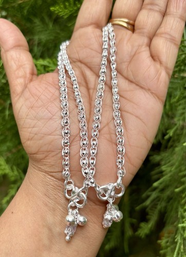 2 Pc 999 Silver Light Weight Hollow Flexible Anklet Payal, 16 gm, 10.5 inch - Picture 3 of 5