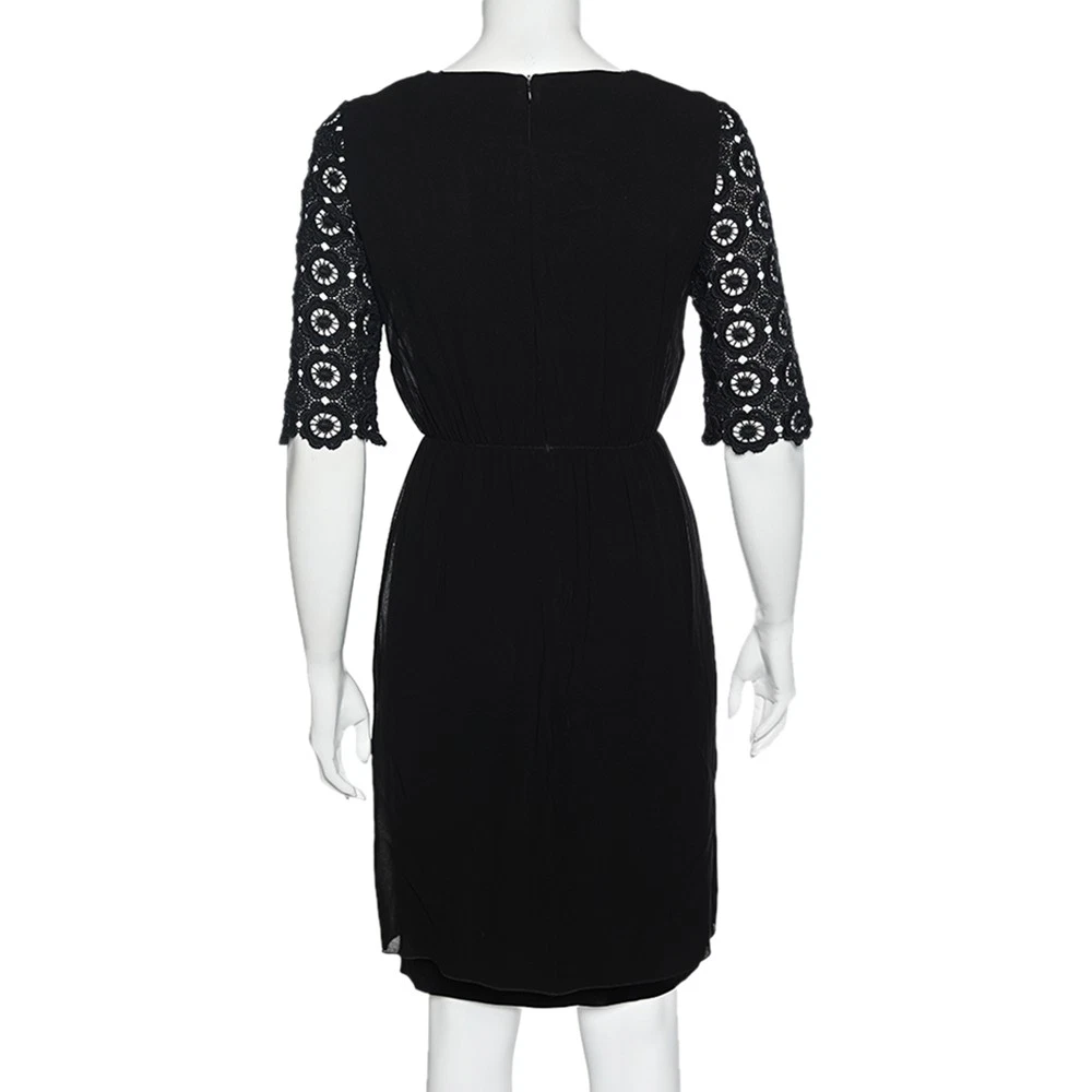 Abito midi Moschino economico e chic nero chiffon e manica in pizzo S