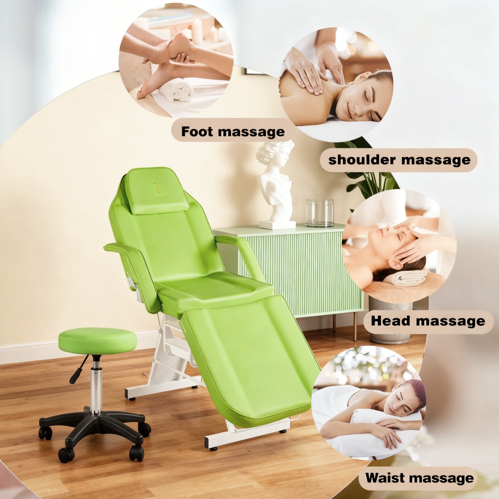 73 in Facial Chair 3-Section Adjustable Tattoo Chair with  Stool for Beauty Lash