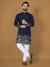 Wedding Party Wear Cotton With Embroidery work Kurta Pajama Set For Men's