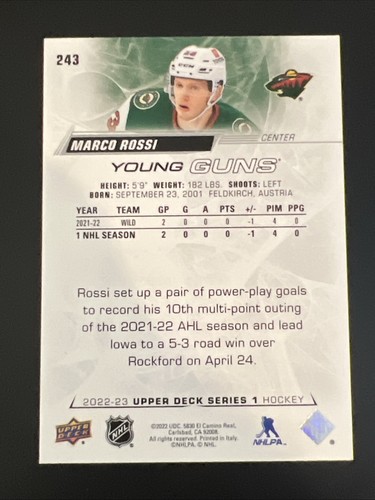 2022-23 Upper Deck Series 1 Young Guns Marco Rossi #243 YG Minnesota Wild - Picture 2 of 2