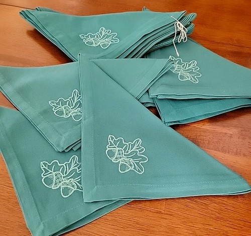 Dinner Napkins Cloth Teal Green Decorative Acorns Embroidered Design Lot of 10 - Picture 12 of 13