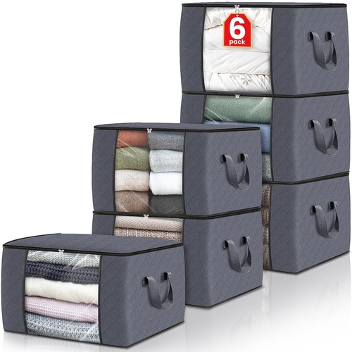 6 Pack Clothes Storage, Foldable Thick Fabric Blanket Storage Bags, Storage C...