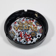 Vintage Las Vegas RSA Ashtray Black 5" Ceramic Dice Card Poker Chip Artwork