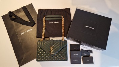 Neu YSL Saint Laurent ENVELOPE Medium Bag Green Quilted Grain de Poudre Grün