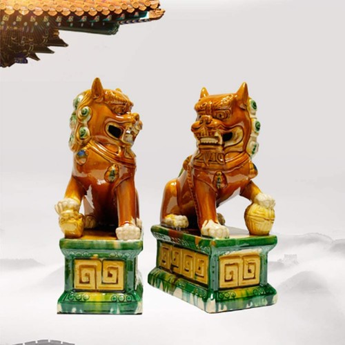 Sancai Ceramic Foo Dogs, Pair of Tang Dynasty Feng Shui Guardian Lions, Handc... - Picture 3 of 6