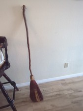 55" Handmade Corn Broom With Branch Wood Handle Rustic Primitive Folk Art Deco
