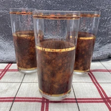 3 Culver Tortoise Cocktail Highball Glasses Gold Rim Vintage MCM 70s Barware