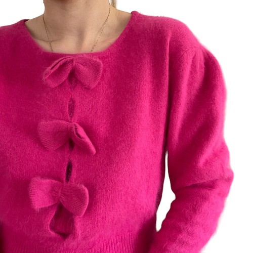 Vintage 80s Womens Hot Pink Angora Blend Bow Preppy Soft Sexy Fluffy Sweater - Picture 4 of 10