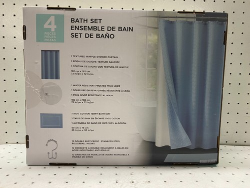Bathroom Set of 4 Shower Curtain Liner 12 Rollerball Hooks Bath Mat - Picture 5 of 7