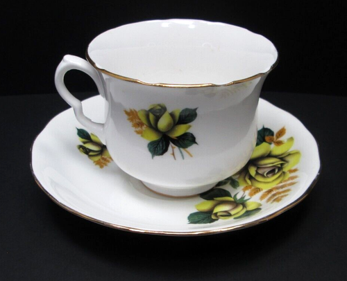 Taza de té y platillo de porcelana de hueso fino rosas amarillas Queen Anne England vintage 1960 - Imagen 13 de 21