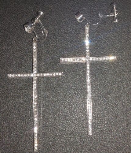 CLIP ON Strass GLITZERNDES KRISTALLKREUZ Drop OHRRINGE silberton SCHRAUBENCLIPS - Bild 3 von 3