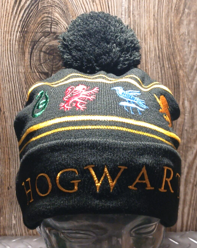 Harry Potter Hogwarts Houses Embroidered Beanie Hat Pom Pom Black - Picture 1 of 9