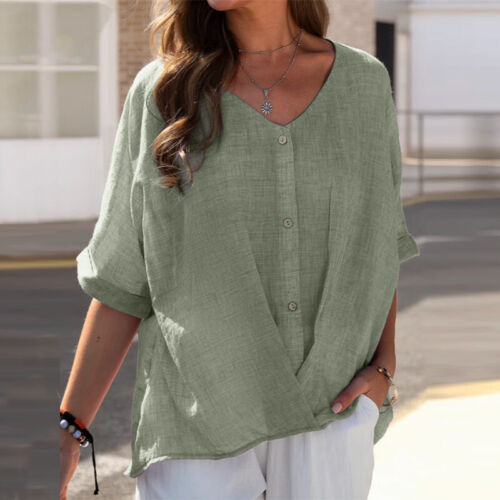 Women Cotton Linen Casual Blouse Baggy Ladies T-Shirt Top Summer Tunic Plus Size - Picture 17 of 18