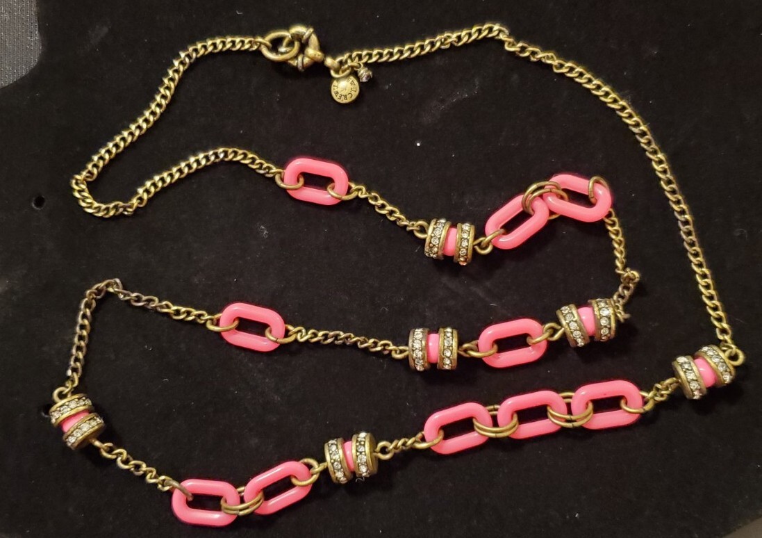 Rare Womens Vintage J Crew Pink And Antique Gold Rhinestone Chain Link Necklace image 2