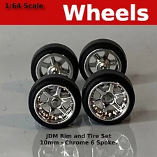 Chrome 6 spoke Real Riders JDM Classic Wheels and Tires Set for 1/64 for Hot Whe