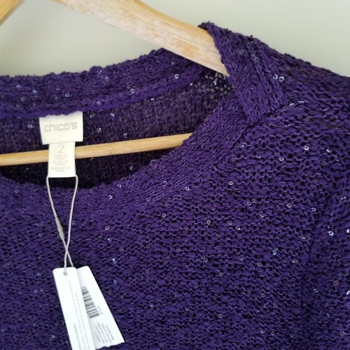 Neu mit Etikett Chicos Shirley Pullover Pulli Pailletten Glanz lila U-Boot-Ausschnitt Gr. 2 neu - Bild 8 von 9