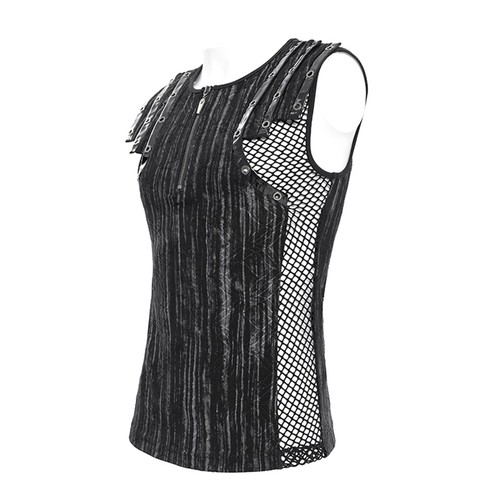 Devil Fashion Men Black Gothic Punk Striped Mesh Splicing Sleeveless T-Shirt Top - Picture 18 of 24