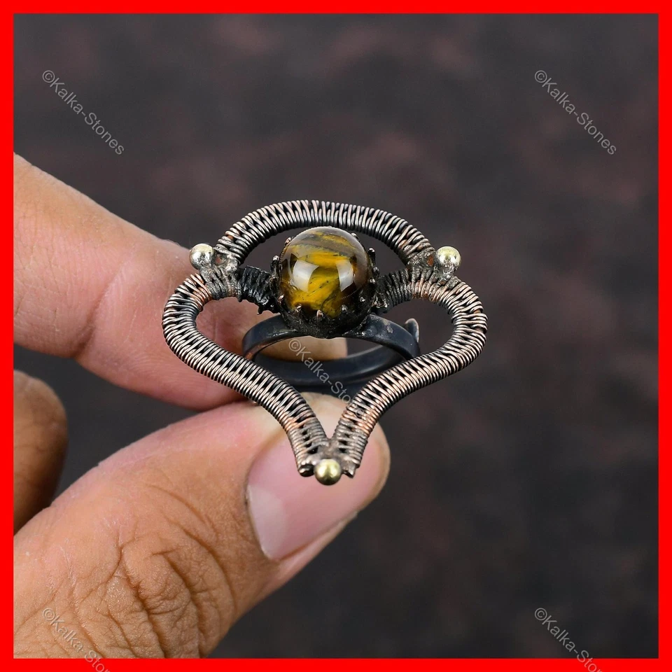 Chakra Sacro Redondo Natural Ojo de Tigre Cobre Multi Piedra Nuevo Anillo Envuelto en Alambre Foto 3 de 4