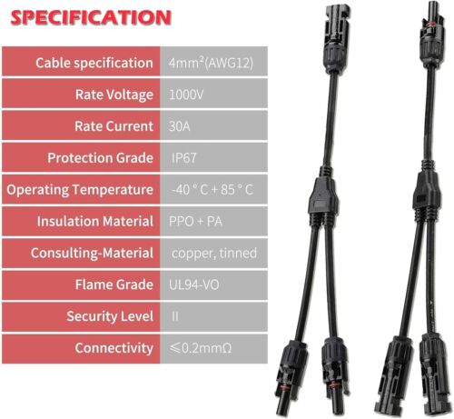 Solar Cable Parallel Adaptor Solar Panel Connectors Y Branch Adapter Outdoor~ - Picture 2 of 26