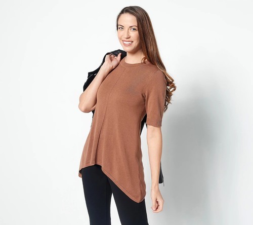 Isaac Mizrahi Live! Suéter Pullover Cuello Redondo Dobladillo Cascada Marrón Para Mujer XS - Imagen 2 de 6