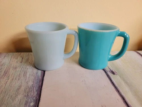 2 FIRE KING TURQUOISE BLUE & TEAL D HANDLE MUGS ANCHOR HOCKING