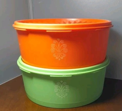 VTG Tupperware Servalier Round Storage Containers Orange and Lime Green