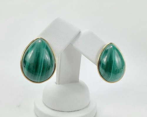 14k Yellow Gold 50.00ctw Bezel Set Malachite Pear Shape Cabochon Stud Earrings - Picture 3 of 6