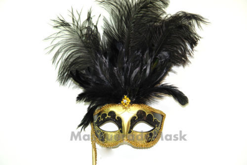 Black Masquerade Stick show girl Feather mask Birthday Dress up Costume Party - Picture 2 of 8