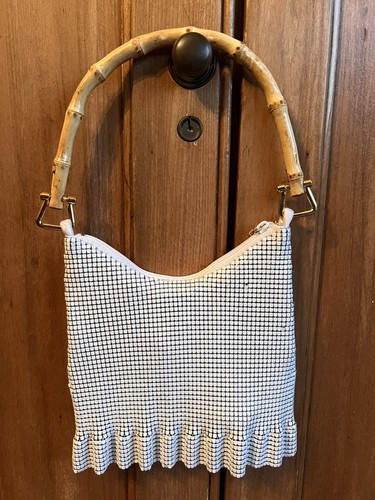 Whiting & Davis White Mesh Purse Bag Bamboo Handle Metal Ruffle Vtg 80s 90s Used - Picture 7 of 7