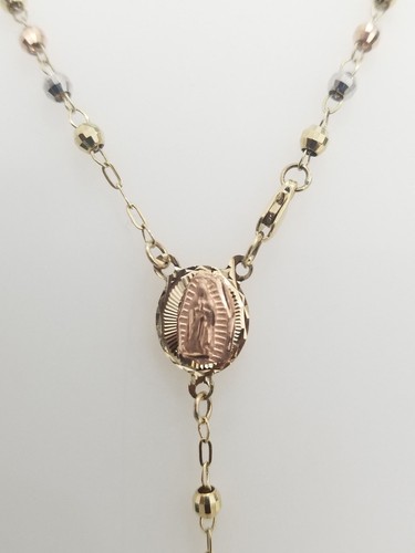 Real 10k Yellow Tri Tone Gold 20'' 3mm Rosary Cross Virgin Mary Chain Necklace - Picture 2 of 10