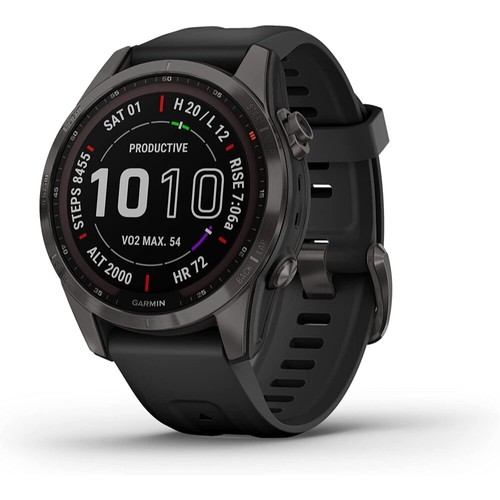 Garmin fenix 7S Sapphire Solar GPS Watch | Carbon Gray DLC Titanium with Black - Picture 1 of 11