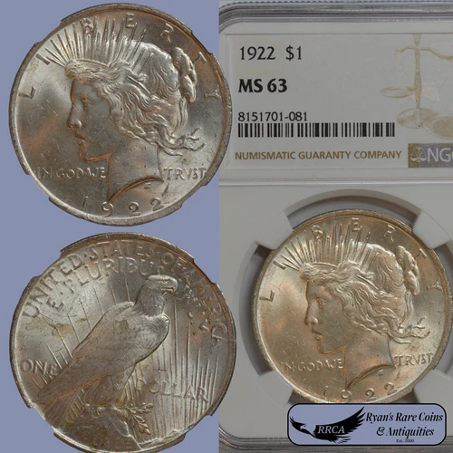 1922 Peace Dollar, Silver, NGC MS63, Ryan's Rare Coins & Antiquities, C8190