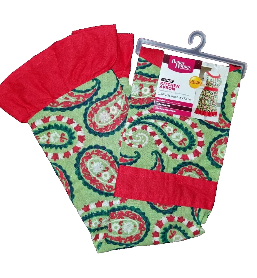 Better Homes & Gardens kitchen apron~paisley~w/ side pockets~red green~New   — 第 2/4 张图片