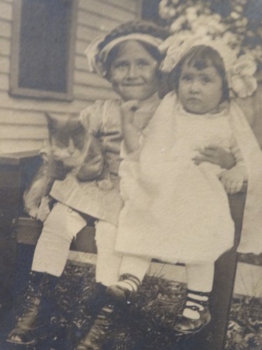 Antik Schrank Karte Foto entzückende Mädchen mit 2 Gesichtern Katze Doppelbelichtung - Bild 3 von 5