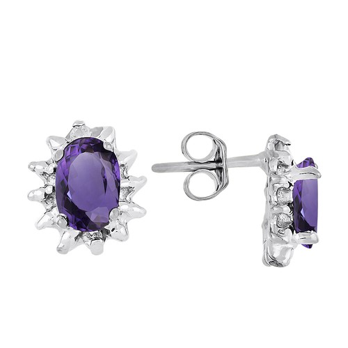 Rylos 925 Silver Jewelry Set Amethyst & Diamond 6X4MM Gem February Birthstone - Picture 2 of 5