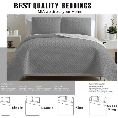 3 Piece Quilted Bedspread Basket Weave Bed Throw Single Double King Bedding Set - Picture 63 of 108