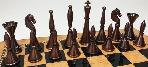 Brass Metal Art Deco MODERN Staunton Chess Set W/ 15" WALNUT Color BOARD - Picture 6 of 6