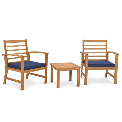 3 PCS Outdoor Furniture Set Acacia Wood Conversation Set w/ Soft Seat Cushions - Picture 9 of 9