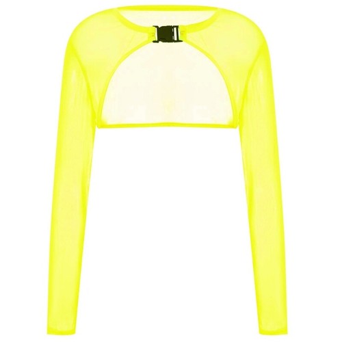 Women Sheer Mesh Rave Crop Top Long Sleeve Shrug Fishnet Cover Up with Buckle - Picture 10 of 32